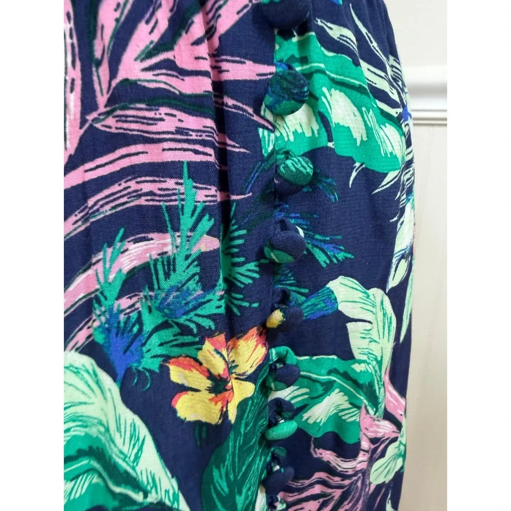 LOFT Tropical Floral Maxi Skirt‎ Womens XSP Navy Blue Button Side Slit Petite